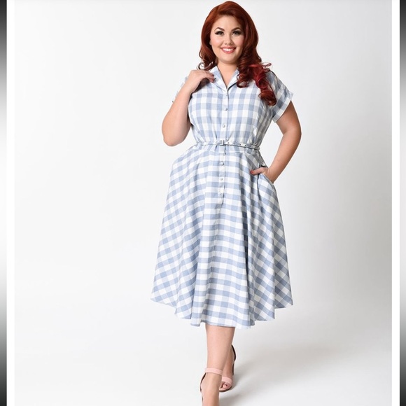 Unique Vintage Dresses & Skirts - Blue Gingham Button-Up Dress